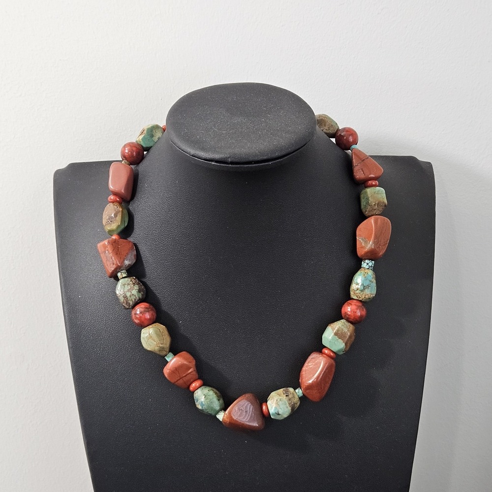 Red Jasper & Turquoise Beaded Necklace Sterling Silver Clasp 16"